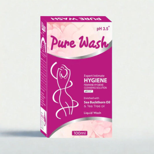 Purple box of Pure Wash feminine hygiene product on a light gray background