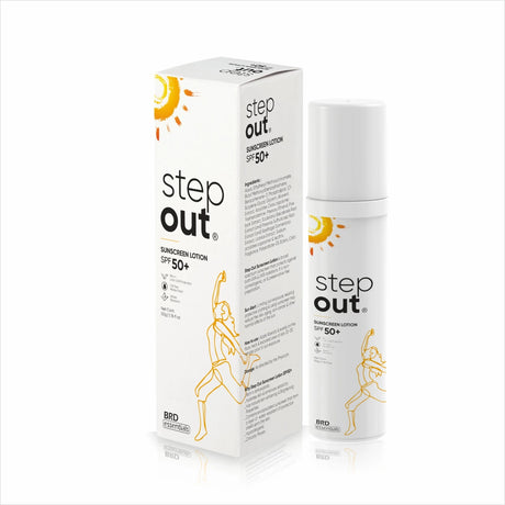 Step Out sunscreen lotion packaging on a white background