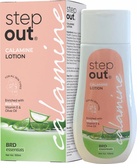 Step Out Calamine Lotion packaging with pink and white design