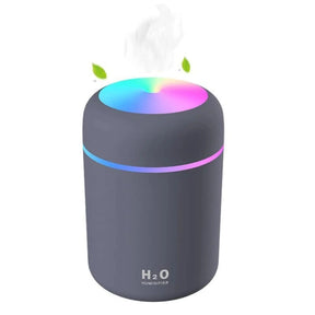 Gray humidifier with colorful light display on a white background