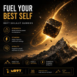 Advertisement for MBYT Shilajit Gummies with a mountain and glowing rock in the background.