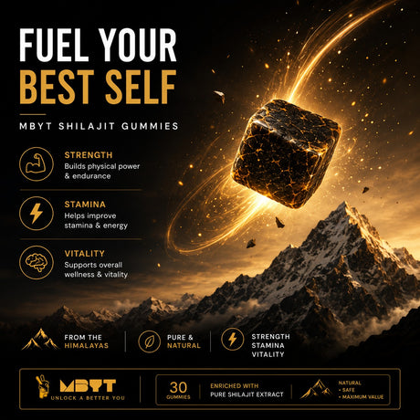 Advertisement for MBYT Shilajit Gummies with a mountain and glowing rock in the background.