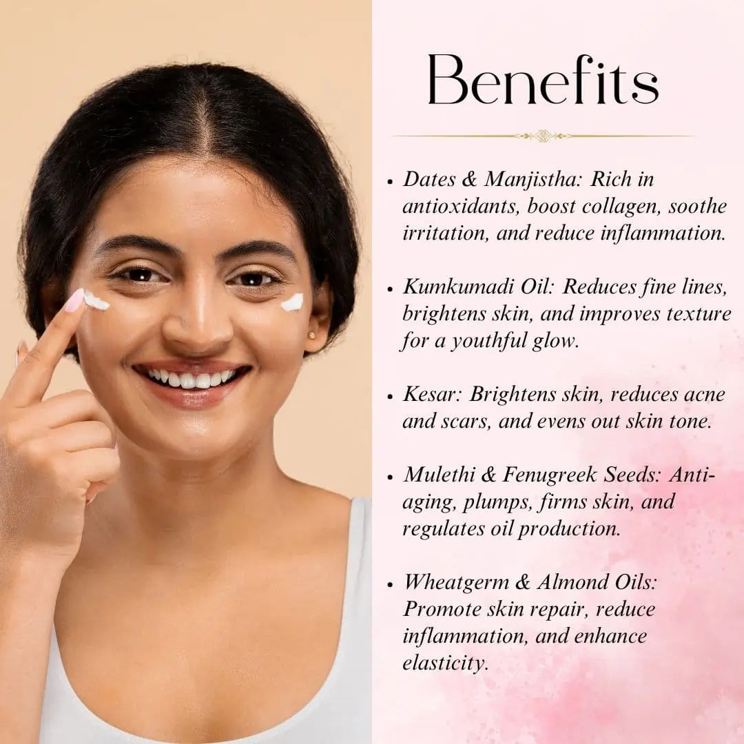 Woman applying cream to her face with text on skincare benefits on a beige background