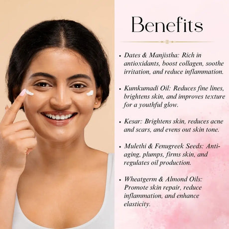 Woman applying cream to her face with text on skincare benefits on a beige background
