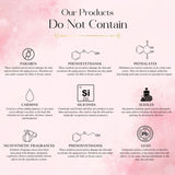 List of ingredients not contained in products with icons and descriptions on a pink and white background.