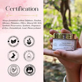 Vayas Sutra cream jar held by a hand with certification logos on the left.