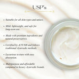 Jar of cream with text listing USPs on a light background