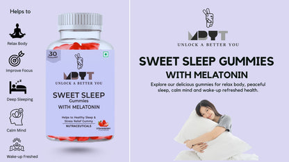 Bottle of Sweet Sleep Gummies with Melatonin on a purple background with text and graphics.