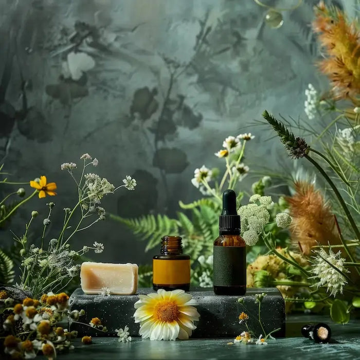 Herbal skincare products with flowers and plants on a dark background
