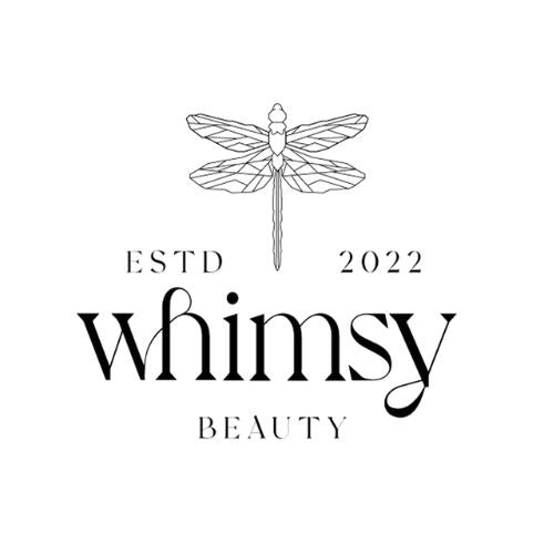 Logo for Whimsy Beauty with a dragonfly illustration on a white background