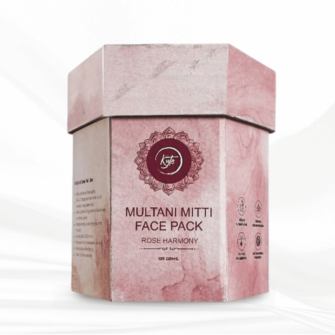 Multani Mitti Face Pack box with rose harmony design on a white background