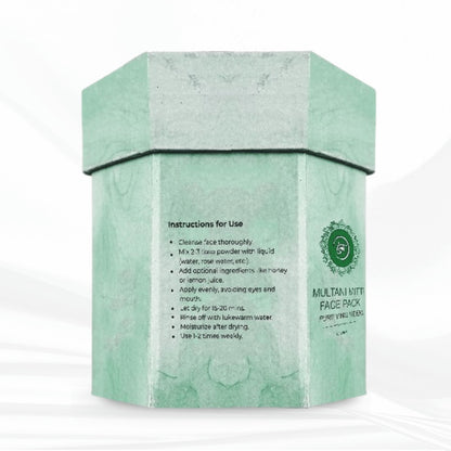 Green face pack box with instructions on a white background