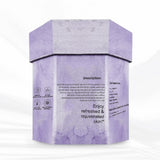 Hexagonal purple packaging with text on a white background