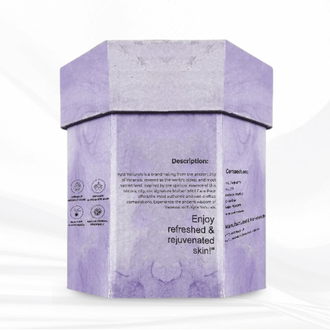 Hexagonal purple packaging with text on a white background