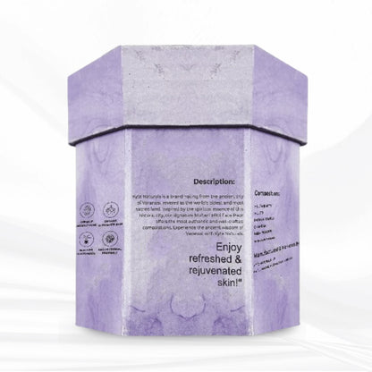Hexagonal purple packaging with text on a white background