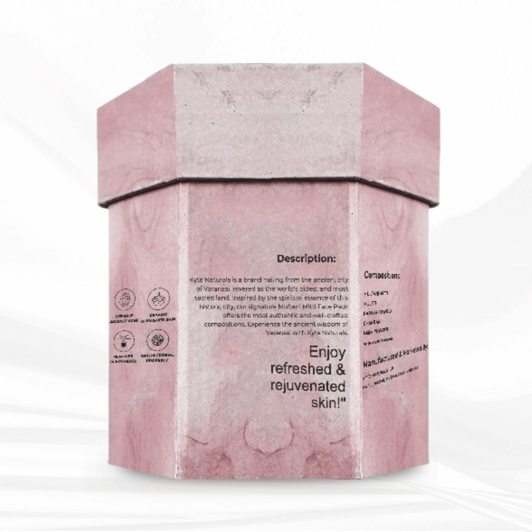 Pink skincare product box with text on a white background