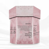Pink skincare product box with text on a white background