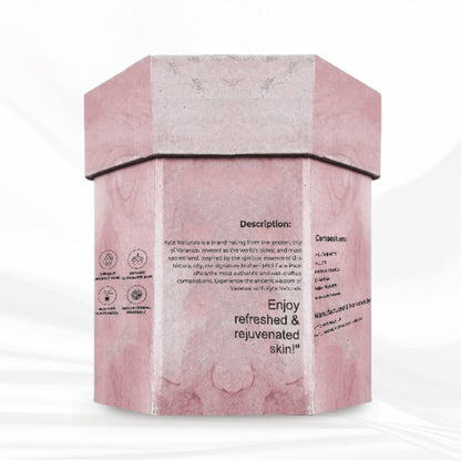 Pink skincare product box with text on a white background