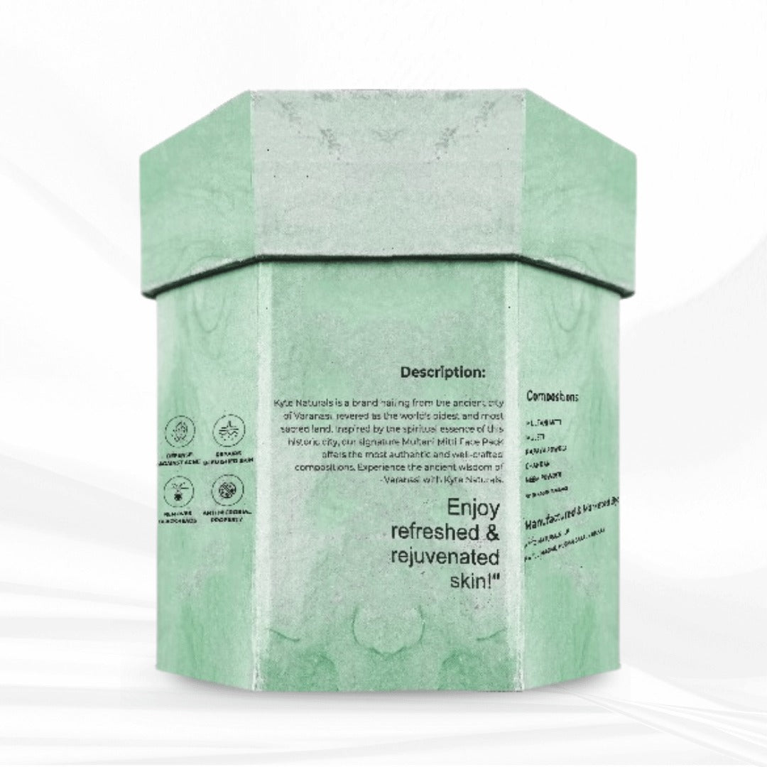 Green skincare product box with text on a white background
