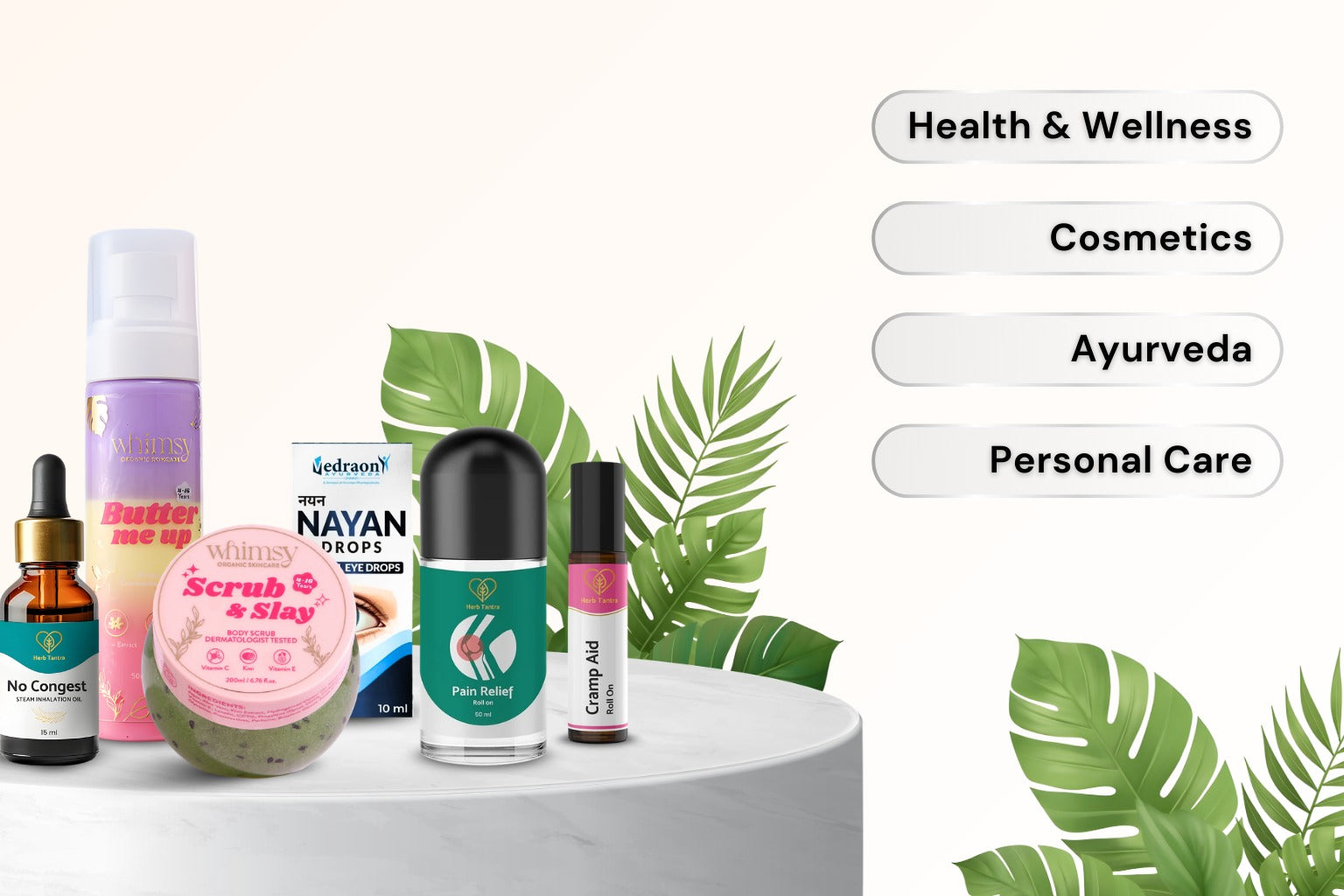 Collection of health and wellness products on a white surface with green leaves, categorized into Health & Wellness, Cosmetics, Ayurveda, and Personal Care.