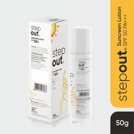 Stepout sunscreen lotion packaging with box on a white background