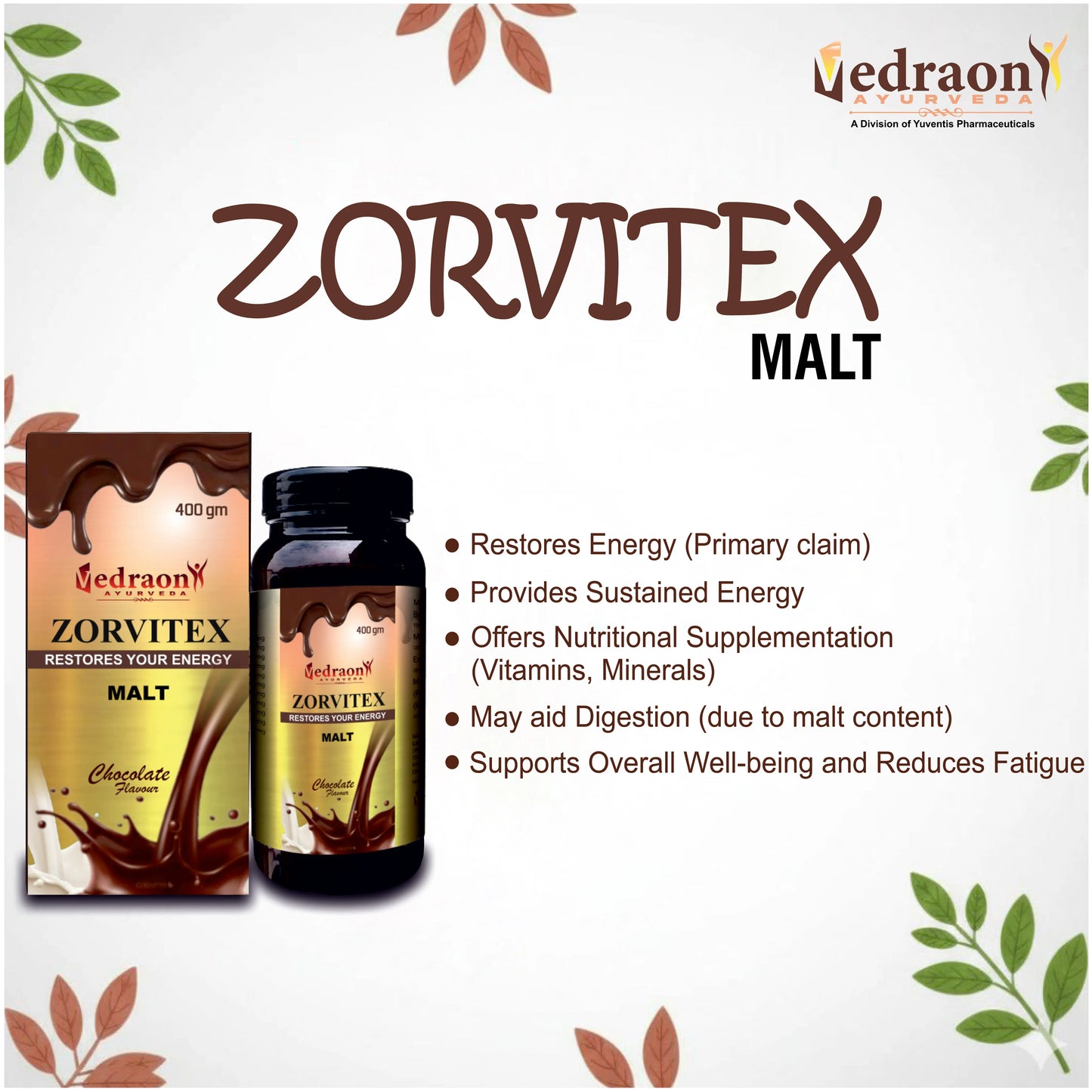 Zorvitex Malt packaging with product details on a branded background