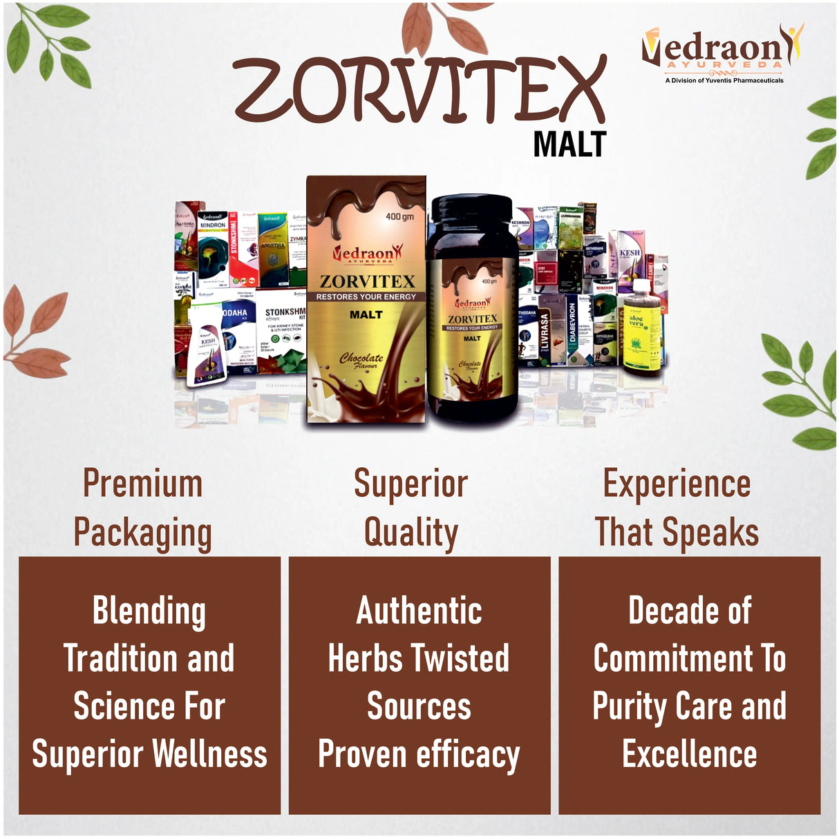 Zorvitex Malt product display with various packaging on a white background, featuring the Zedraon brand.