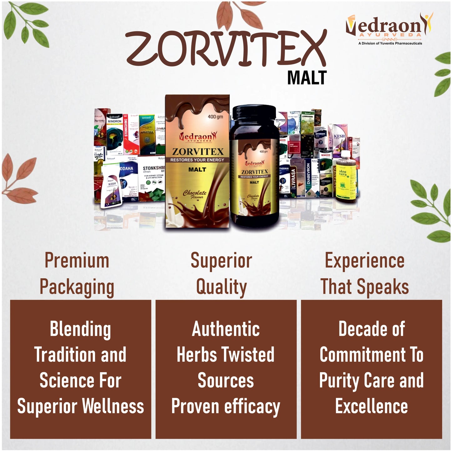 Zorvitex Malt product display with various packaging on a white background, featuring the Zedraon brand.