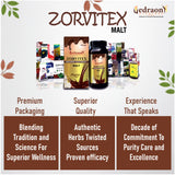 Zorvitex Malt product display with various packaging on a white background, featuring the Zedraon brand.
