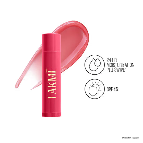 Lakme lip balm with pink color swatch
