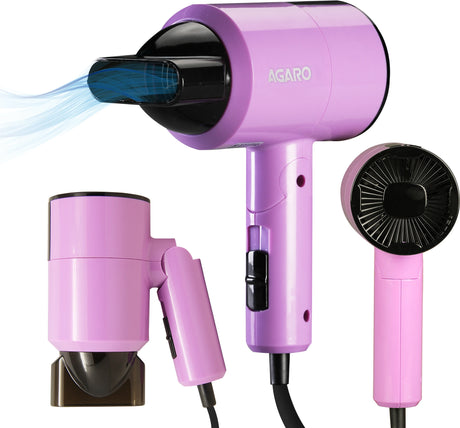 Purple hair dryer with attachments on a white background
