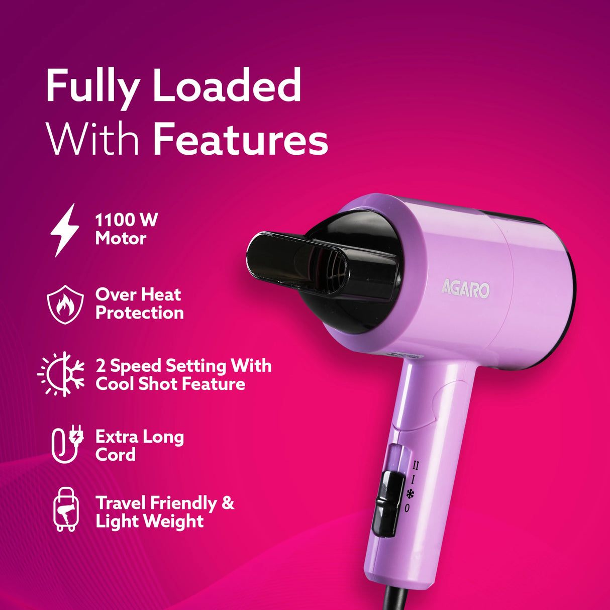 Purple hair dryer with features listed on a pink background