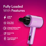 Purple hair dryer with features listed on a pink background