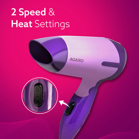 Purple and gray hair dryer with 'Agaro' branding on a pink background, highlighting '2 Speed & Heat Settings'.