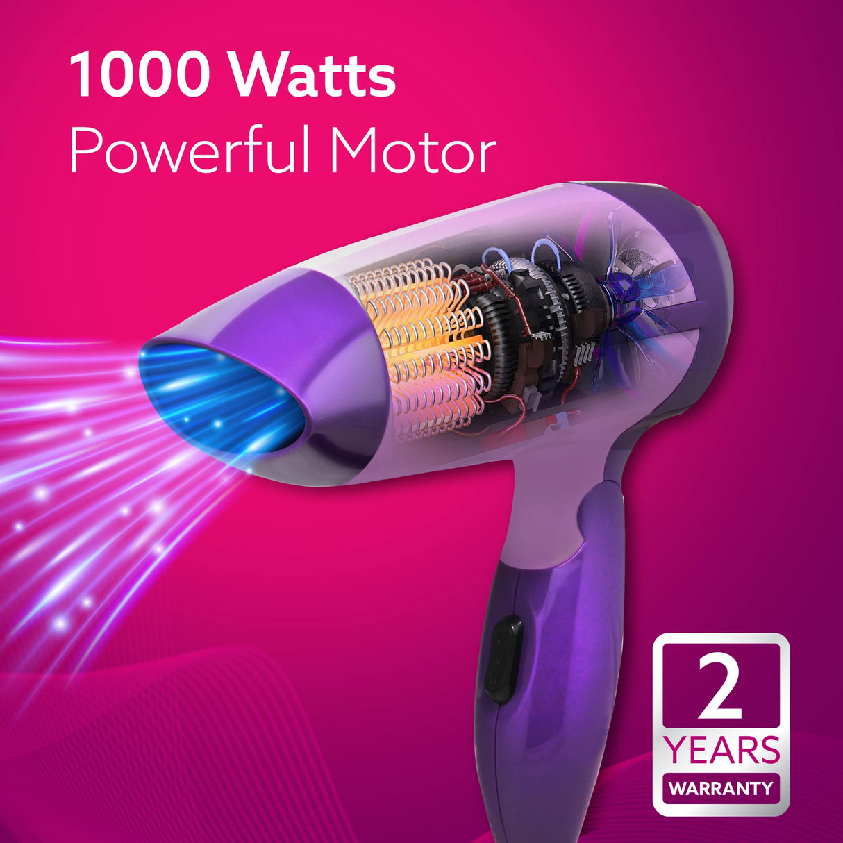 Hair dryer with 1000 Watts and powerful motor on a pink background, featuring a 2-year warranty.