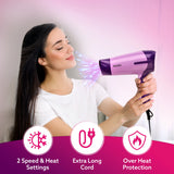 Woman using a purple hair dryer with Agaro branding, featuring icons and text about product features.