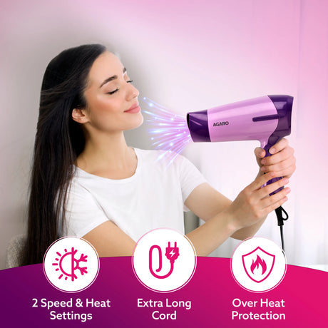 Woman using a purple hair dryer with Agaro branding, featuring icons and text about product features.