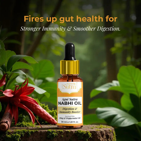 Agnisutra Nabhi Oil bottle with natural background and text about gut health and immunity.