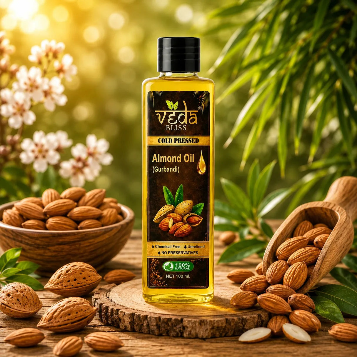 A bottle of Veda Bliss Almond Oil (Gurbandi) 100ml
