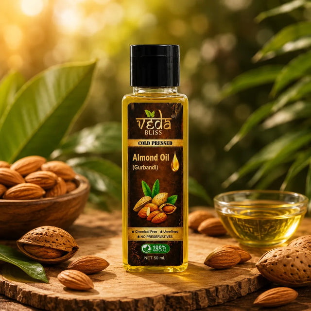 A bottle of Veda Bliss Cold Pressed Almond Oil (Gurbandi) 50ml