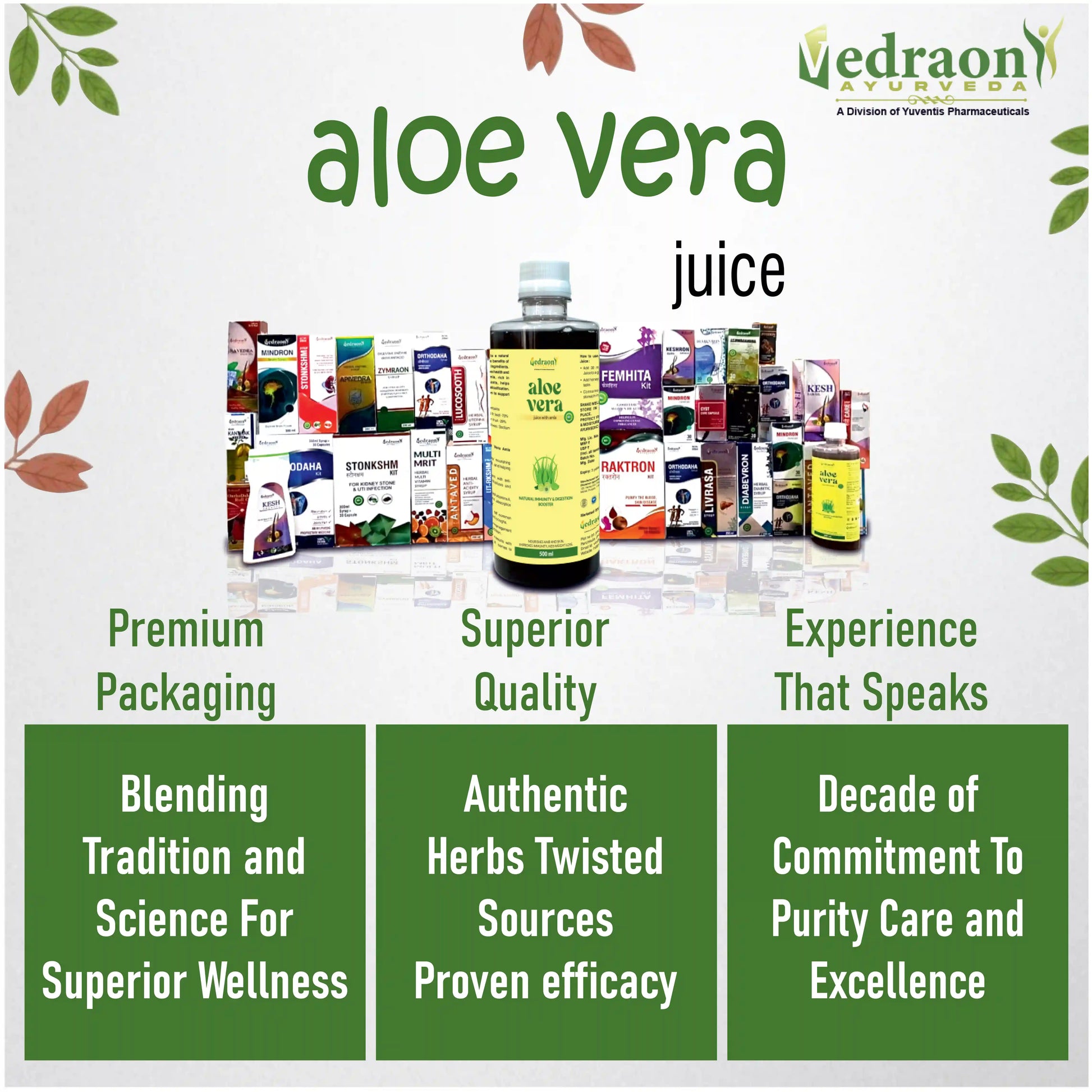 Promotional image of aloe vera juice with various products and branding elements.