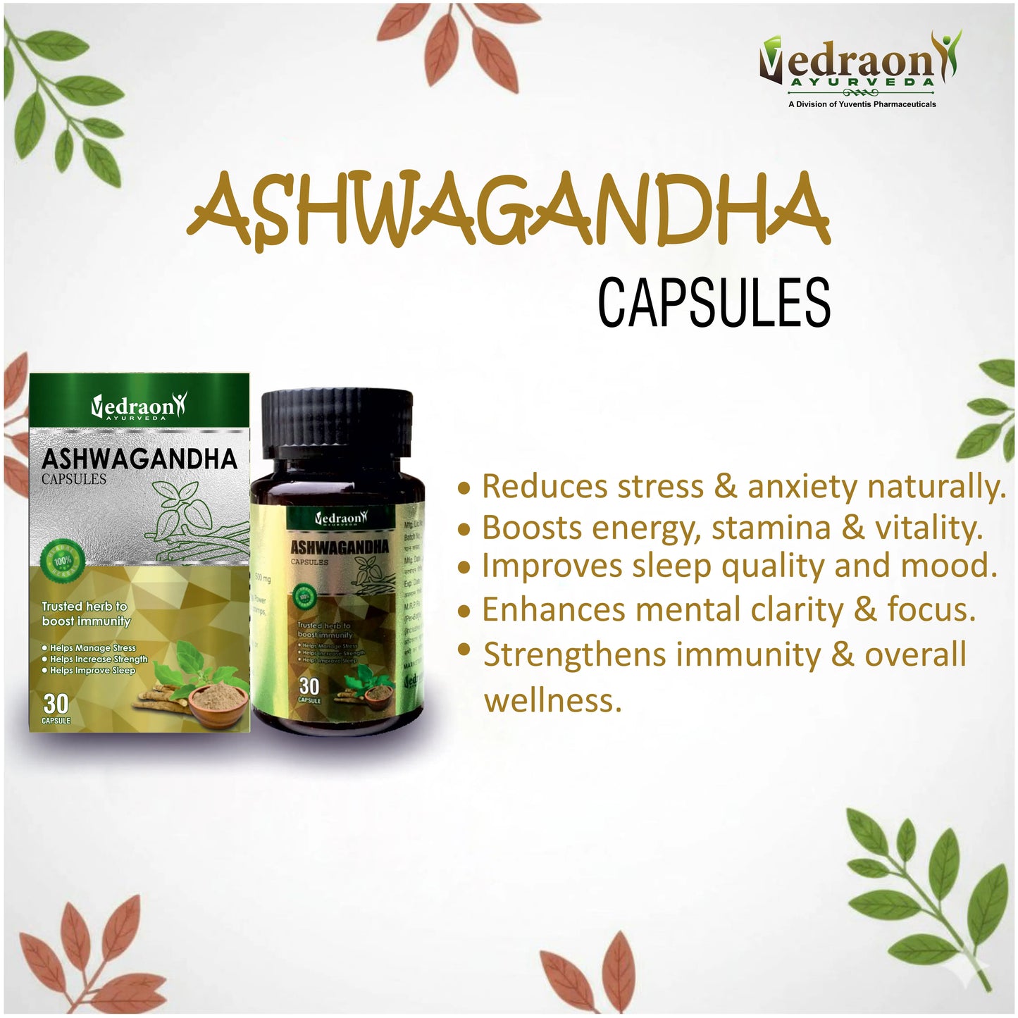 Ashwagandha capsules with product packaging and benefits listed.
