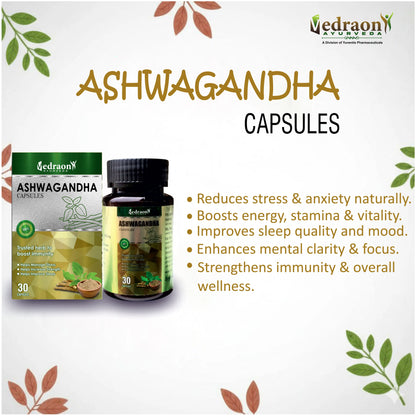 Ashwagandha capsules with product packaging and benefits listed.
