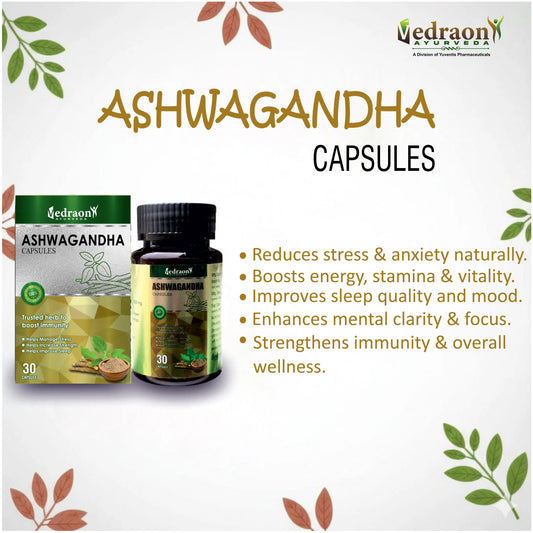 Ashwagandha capsules with product packaging and benefits listed.