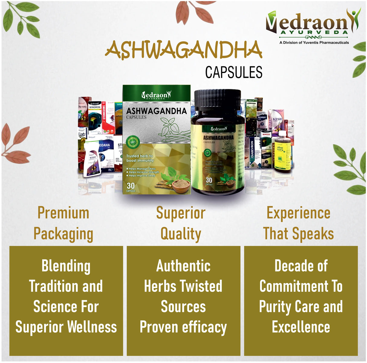 Ashwagandha capsules with Vedraon Ayurveda branding and product display.