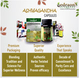 Ashwagandha capsules with Vedraon Ayurveda branding and product display.