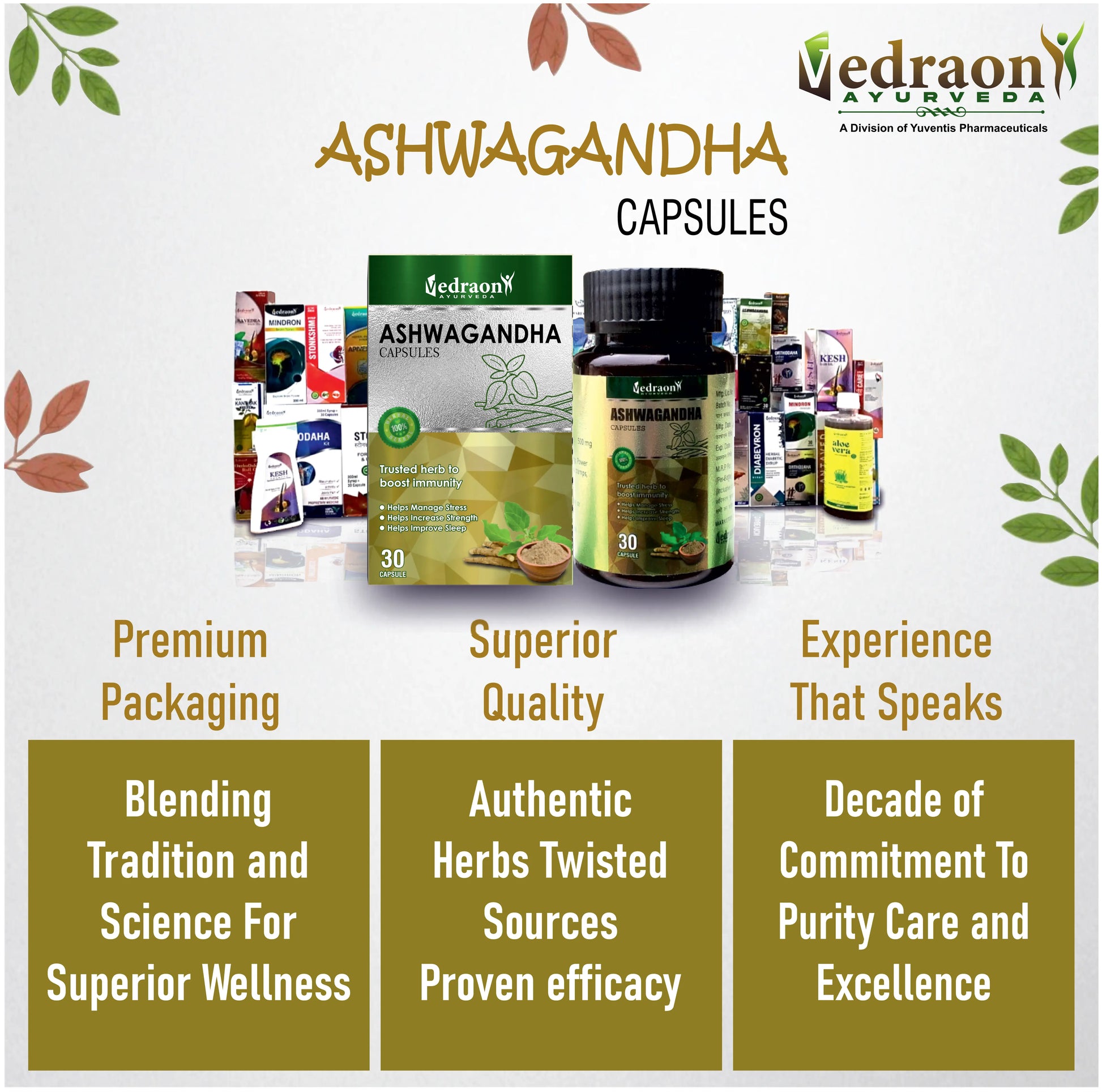 Ashwagandha capsules with Vedraon Ayurveda branding and product display.
