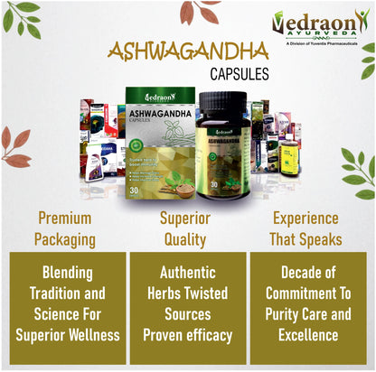 Ashwagandha capsules with Vedraon Ayurveda branding and product display.