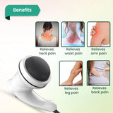 Massage gun with images of pain relief on different body parts and text indicating benefits.