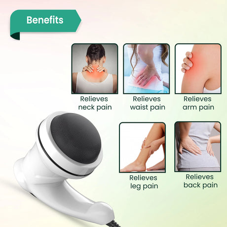 Massage gun with images of pain relief on different body parts and text indicating benefits.